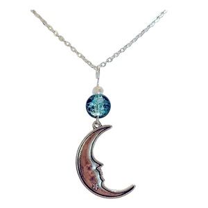 Half moon star dark green bead silver plated chain charm necklace